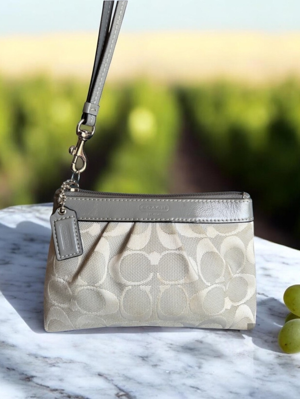 Coach EUC! Signature Jacquard Wristlet with Gray Leather Trim. Dustbag Included!